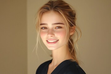 Fototapeta premium Portrait of a Beautiful Young Woman with Blonde Hair and Freckles Smiling