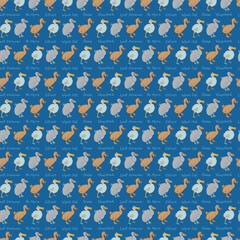 Extinct Dodo Birds Aligned in Stripes Alternating with Text on a Blue Background creating a seamless pattern print background © Ramona