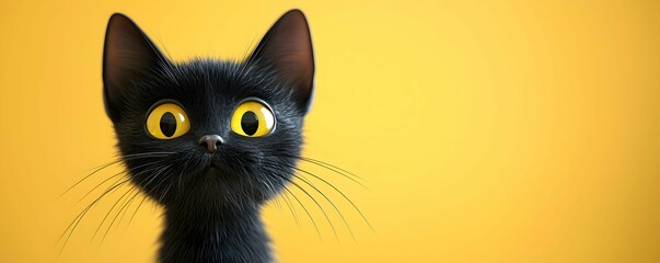 Cute Black Cat with Big Yellow Eyes Looking Curious on Yellow Background