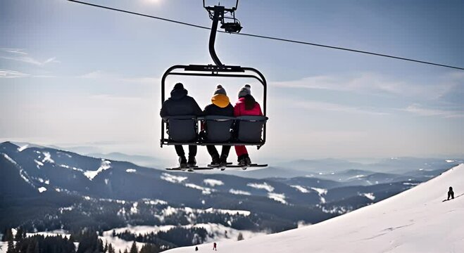 People on the chairlift at a ski resort.