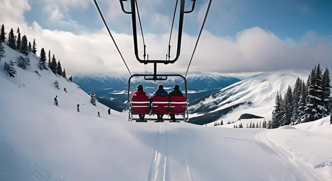 People on the chairlift at a ski resort.