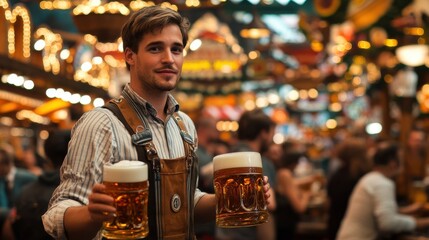 Fototapeta premium A traditional Bavarian waiter serving beer mugs and bratwurst at a bustling Oktoberfest festival, surrounded by colorful decorations, music, and a lively crowd of people enjoying the celebration