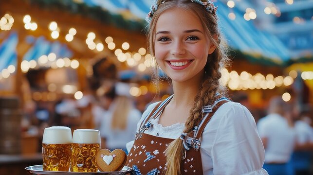 A close-up of an Oktoberfest girl waitress in a dirndl, holding a tray with beer mugs and a gingerbread heart cookie, smiling at the camera with a festive beer tent in the background