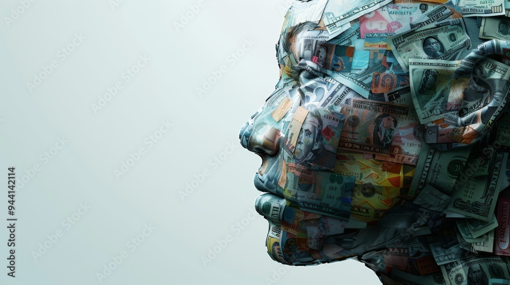 Aufkleber Abstract face design made from a combination of various currency notes, presenting a unique blend of financial elements and facial structure, with a clean background