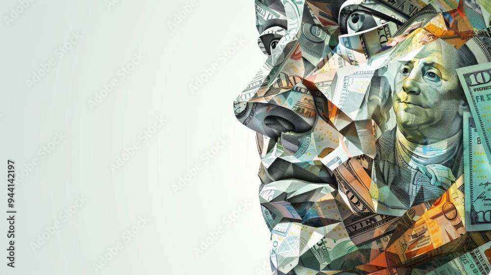 Poster Abstract face design made from a combination of various currency notes, presenting a unique blend of financial elements and facial structure, with a clean background