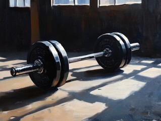 Naklejka premium A close-up view of a barbell resting on the floor in a well-lit gym, symbolizing strength and fitness.