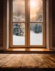 empty table with copy space View from the window of a wooden cabin in winter, snowy landscape
