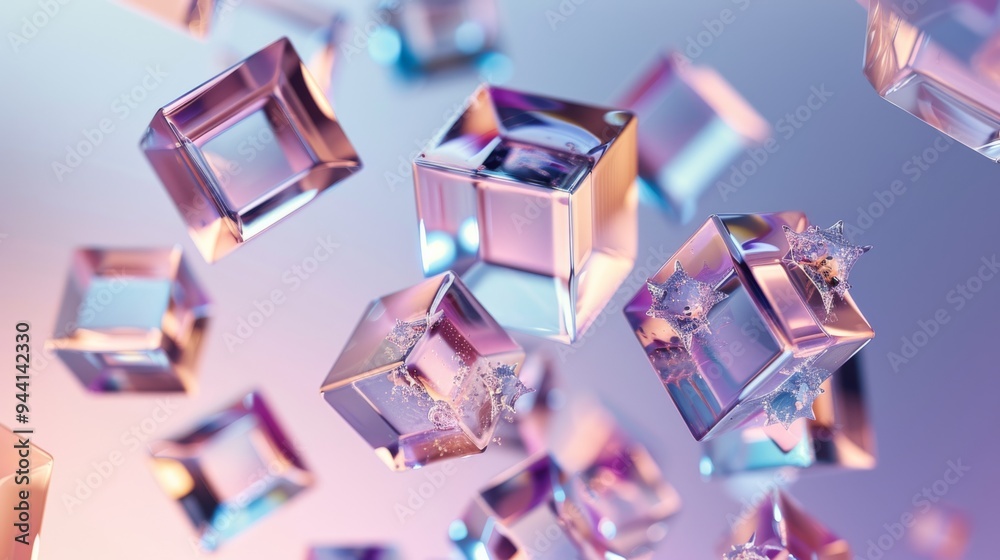 Leinwandbilder Abstract scene featuring a cluster of floating cubes with varying transparencies and hues on a smooth, neutral backdrop