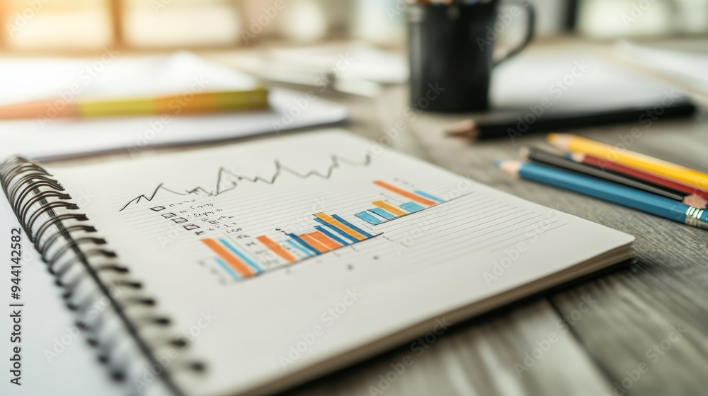 Poster close-up of a notebook with hand-drawn financial charts surrounded by colorful pencils in a creative