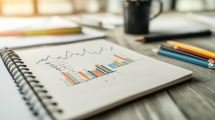 Close-up of a notebook with hand-drawn financial charts surrounded by colorful pencils in a creative workspace. Concept of business planning.
