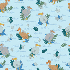 Extinct Dodo Birds with Fauna and Text on a Blue Background creating a seamless pattern print background © Ramona