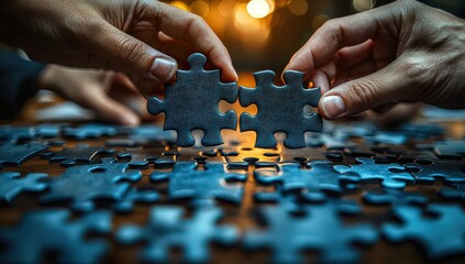 A group of business people connecting puzzle pieces together, working as a team to complete the project or mission using experience management in the office. 