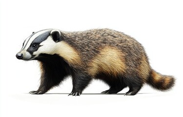 Fototapeta premium Side view of a badger, full body, realistic style, white background