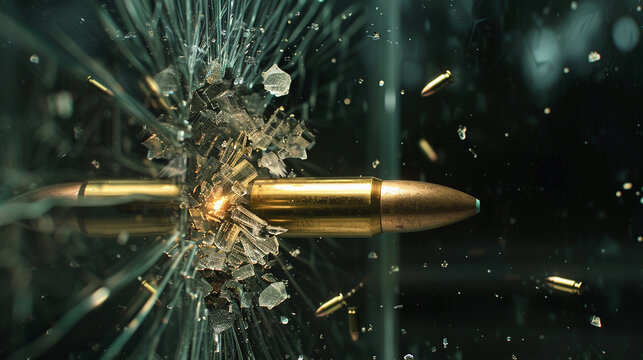 Bullet going through glass cinematic shot on black background