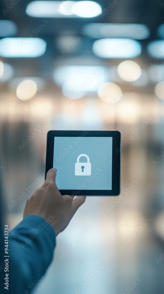 Poster Hand holding a tablet with a lock icon on screen representing mobile security and secure digital access. Concept of online protection.
