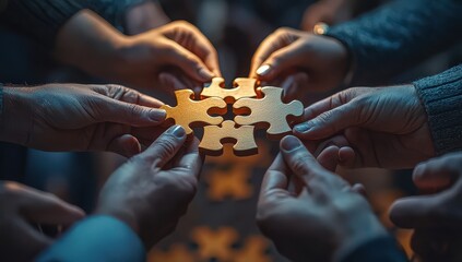 A group of business people holding puzzle pieces together, symbolizing collaboration and teamwork in the corporate world. 