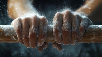 Fototapeta premium Closeup of gymnast s hands gripping uneven bars, chalk dust, 3D illustration