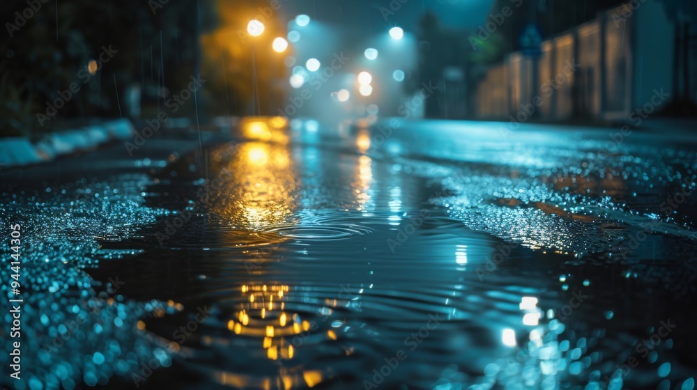 Poster an empty street illuminated by streetlights, with rain creating ripples in puddles on the road and a