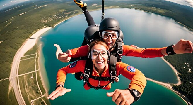 Happy people skydiving.