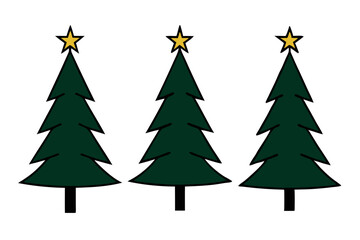 Obraz premium Three simple green Christmas trees with yellow stars on top, arranged in a row against a white background