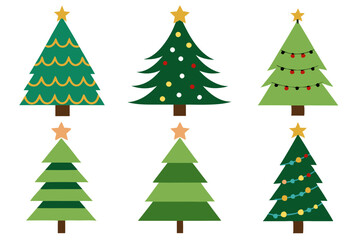 Six festive cartoon Christmas trees in various styles, decorated with stars, ornaments, and garlands, arranged in two rows