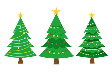 Three festive, decorated Christmas trees with bright stars on top, adorned with colorful ornaments and lights against a white background