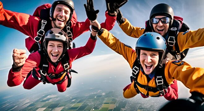 Happy people skydiving.