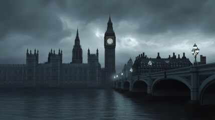 Naklejka premium London s Big Ben and the Houses of Parliament, overcast sky, 3D illustration