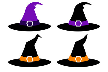Four witch hats in black, with one adorned in purple, one in orange, and two featuring a decorative belt buckle