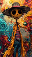 A quirky skeleton figure wearing a hat and coat stands against a vibrant, swirling background, blending fantasy and surrealism.
