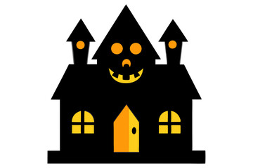 A cartoonish black haunted house with yellow windows and a smiling pumpkin face, featuring two spires and a bright orange door