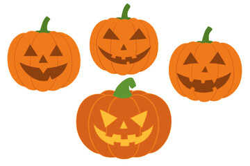 Four festive orange pumpkins with various spooky faces, set against a white background, celebrating Halloween spirit