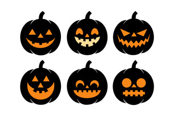 Six Halloween pumpkins with various expressive faces, featuring spooky and playful designs in black and orange
