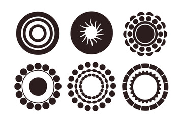 Six black and white circular designs featuring varying patterns of concentric circles and radial shapes