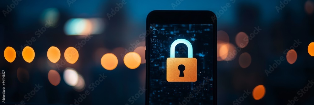 Poster smartphone with a glowing digital lock icon against a city nightscape background. mobile cybersecuri