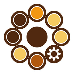 A circular design featuring brown and yellow concentric circles, with one circle depicting a white flower