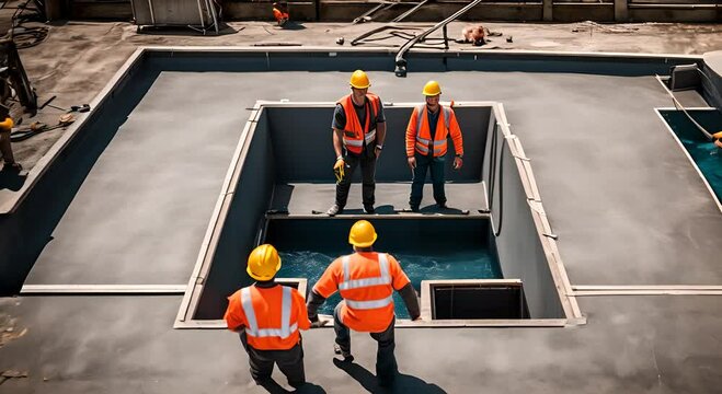 Workers building a swimming pool.