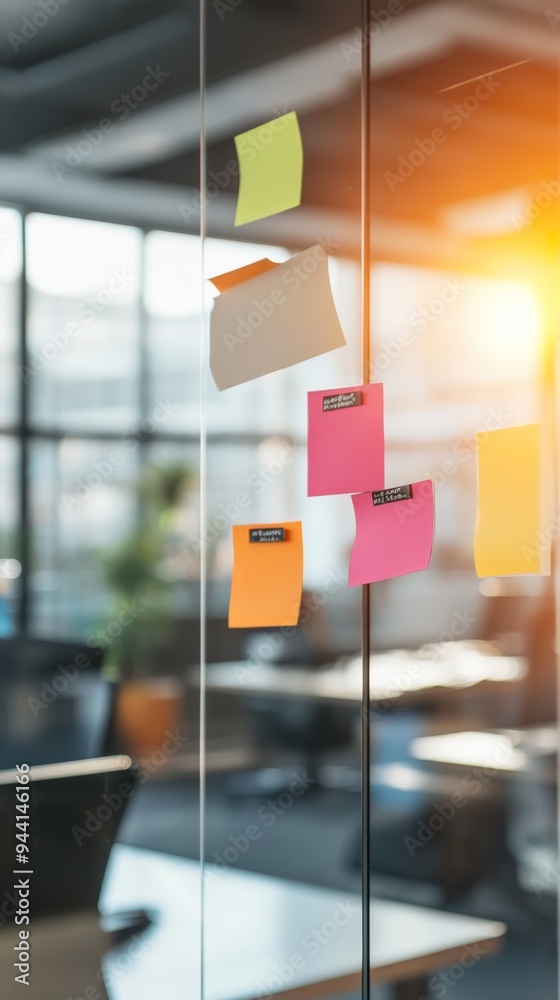 Poster sticky notes on a glass partition in a modern office with sunlight. creative ideas and organization 