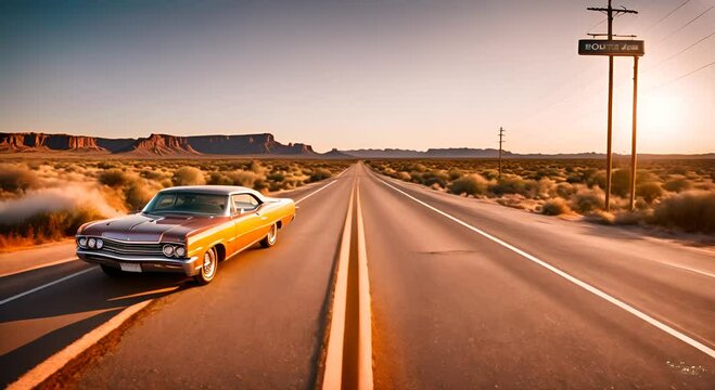 Car on the road on Route 66.