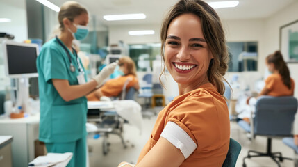 Fototapeta premium Smiling woman donating blood in a medical facility with healthcare workers attending to other donors in the background.