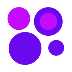 a logo consisting of five circles on a white background. There are two larger circles and three smaller ones. The largest circle is at the bottom left and is a deep purple color