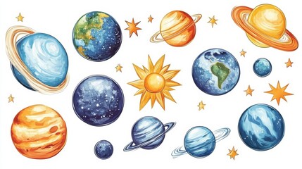 Watercolor Planets and Stars Clipart
