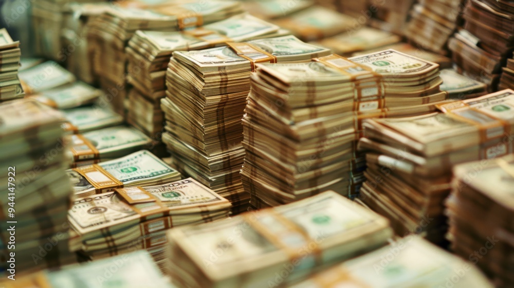 Poster bundles of money arranged in tidy stacks