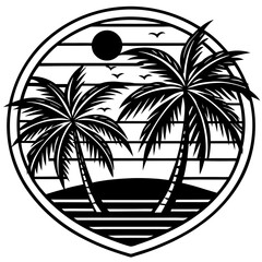 80s Retro Palm black Trees Sunset Vector Art Sticker