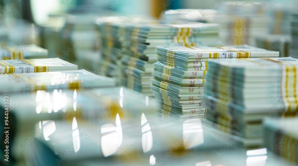 Poster bundles of us currency in organized rows