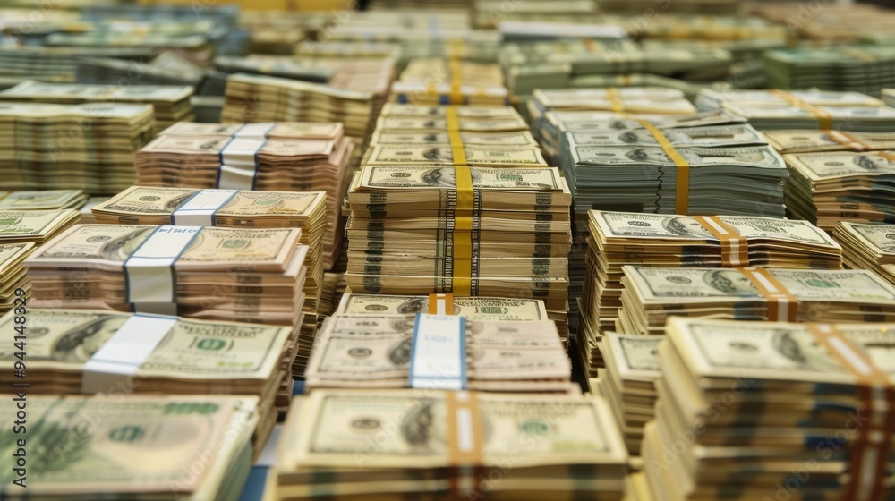 Poster bundles of us currency in organized rows