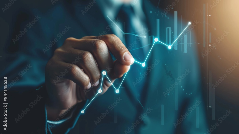 Poster businessman touching virtual cloud computing growth chart
