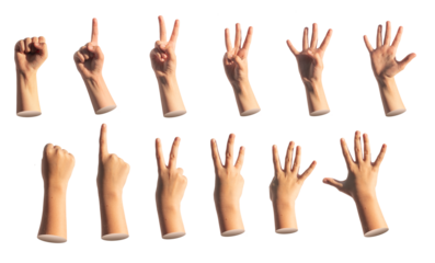Kids hand counting fingers. zero, one, two, three, four, five, numbers isolated. Gestures set on white background.
