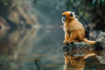 a young, cute Golden snub-nosed monkey sitting on a rock by a river