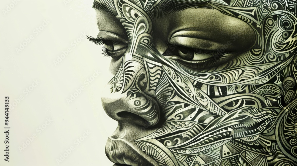 Poster Close-up of a face composed of intricate patterns of money, creating a visually striking and detailed composition